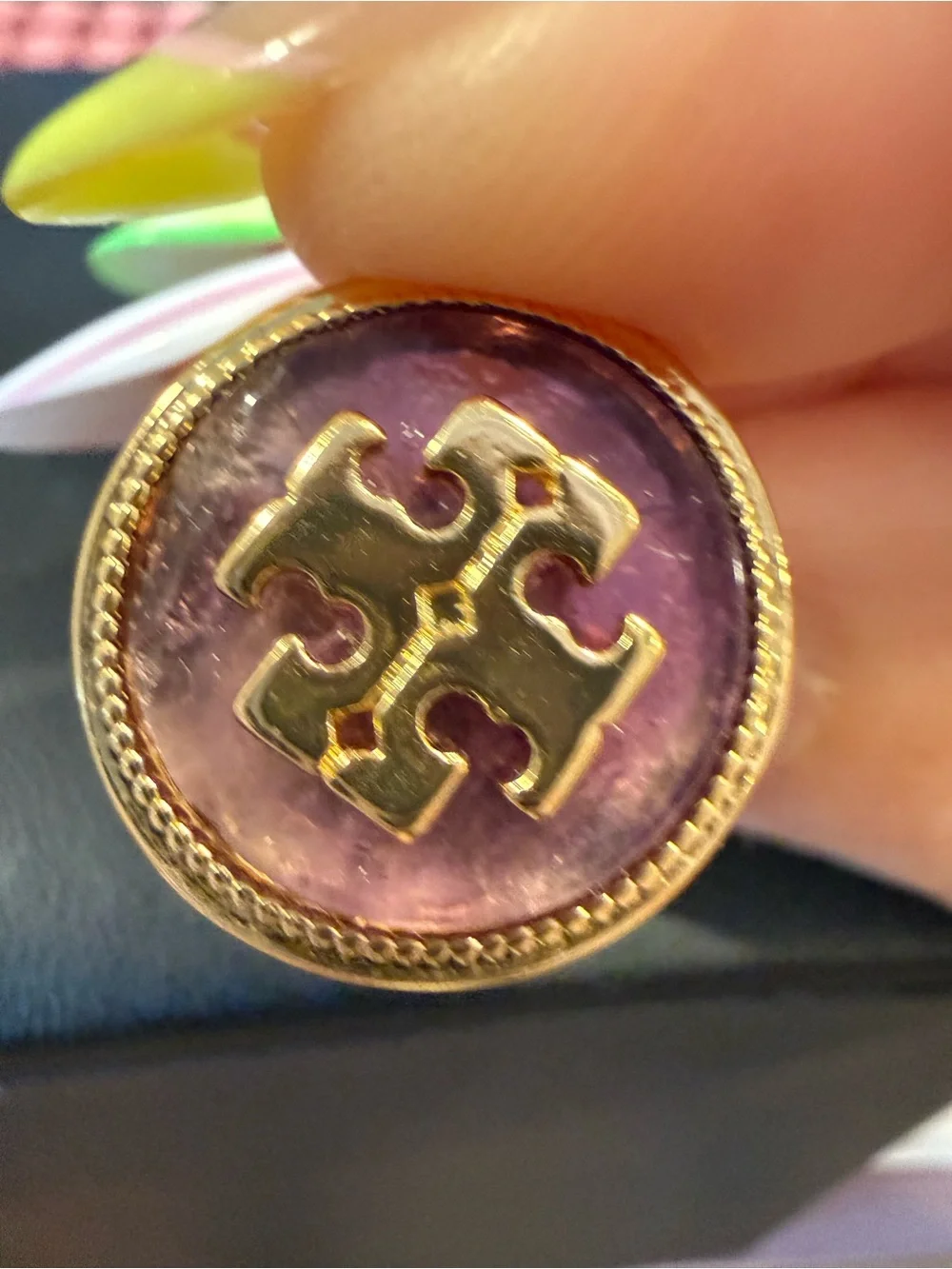 Tory Burch | Gold Plated Logo & Natural Purple Stone Ring | Size 8